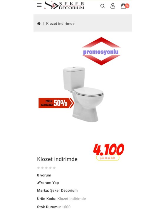 Klozet Alımlarında %50 İndirim!